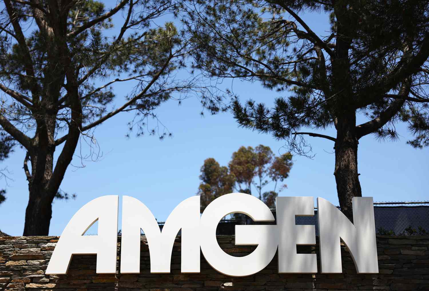 The Amgen logo is displayed outside Amgen headquarters on May 17, 2023 in Thousand Oaks, California