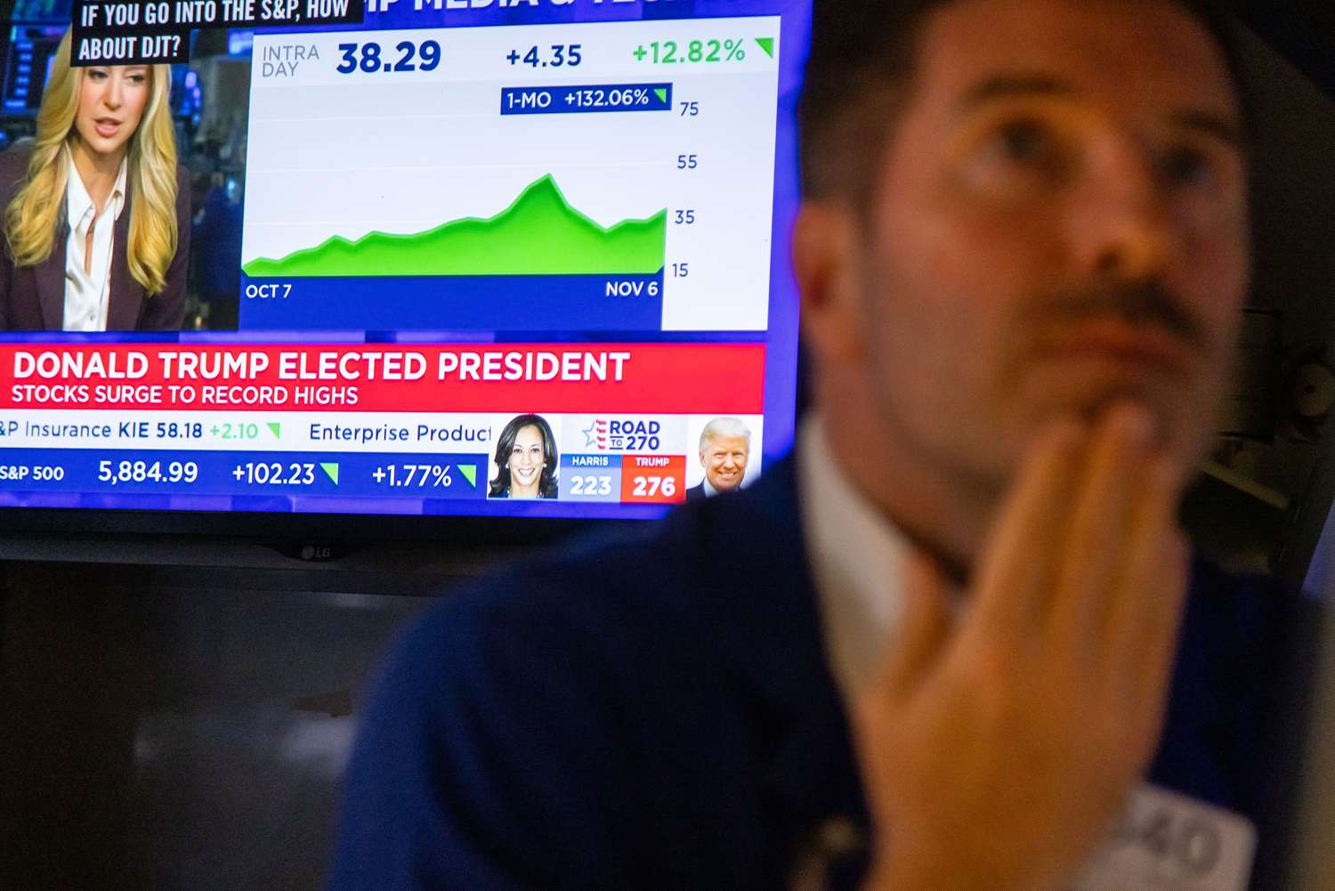 US election news on a screen on the floor of the New York Stock Exchange (NYSE) in New York, US, on Wednesday, Nov. 6, 2024.