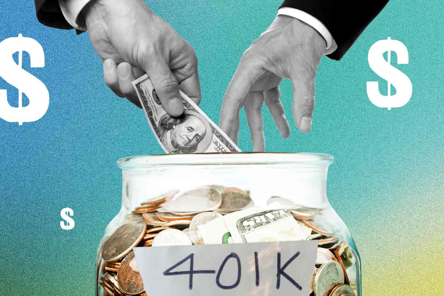 illustration of money jar with dollars, 401k and dollar signs