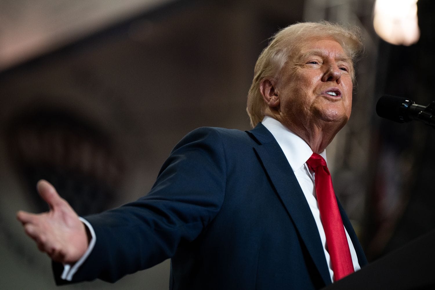 U.S. Republican Presidential nominee former President Donald Trump speaks during a rally at Herb Brooks National Hockey Center on July 27, 2024 in St Cloud, Minnesota. Trump hopes to flip the state of Minnesota this November, which hasn't been carried by a Republican in a presidential election since 1972.