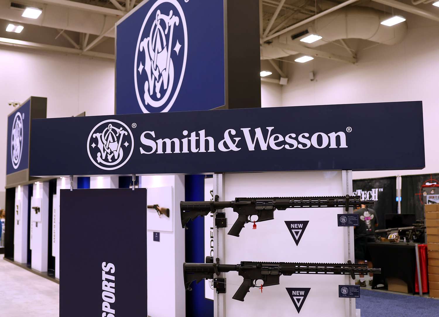 Guns are displayed in the Smith & Wesson booth during the National Rifle Association (NRA) Annual Meeting & Exhibits at the Kay Bailey Hutchison Convention Center on May 17, 2024 in Dallas, Texas