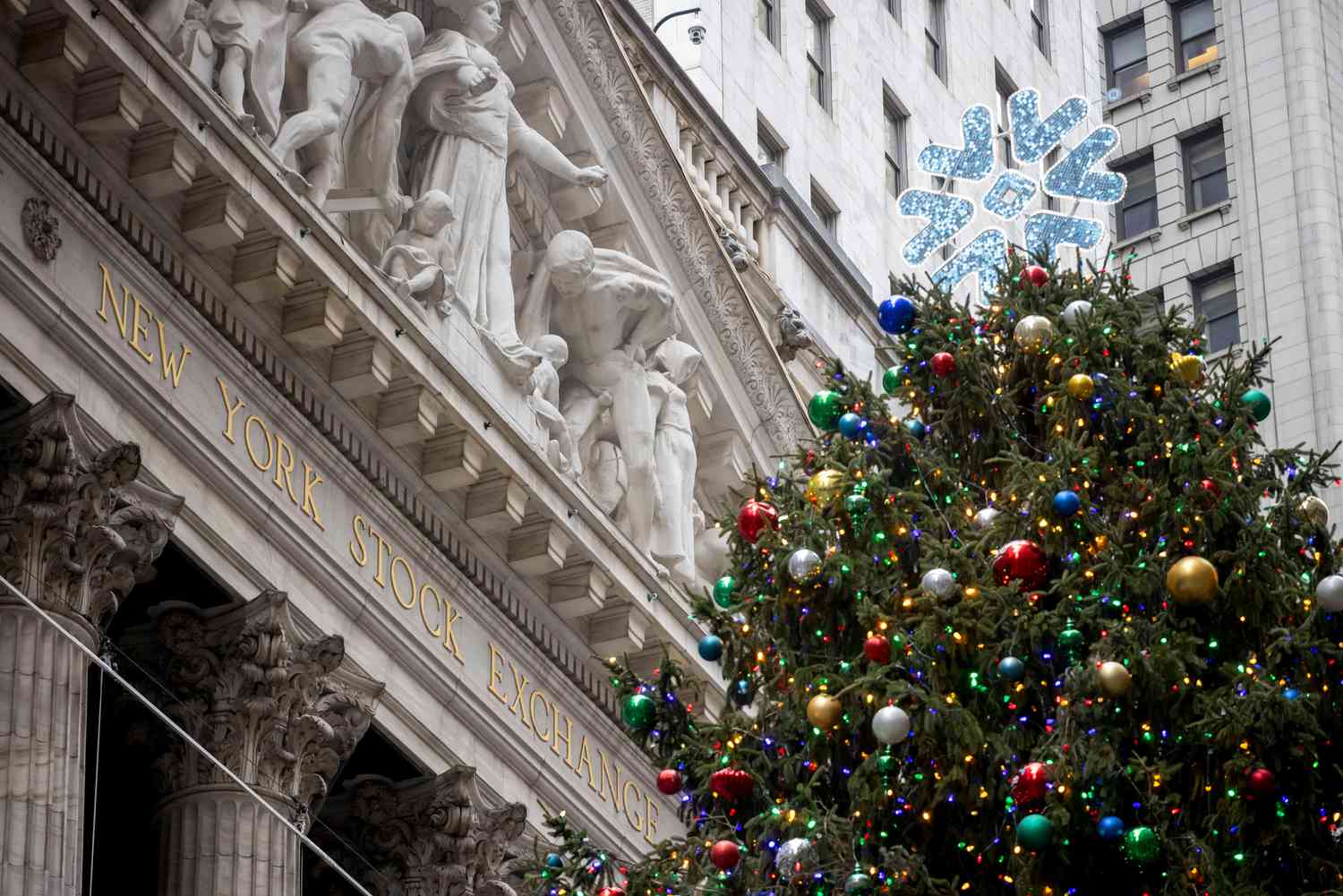 A Christmas tree outside the New York Stock Exchange (NYSE)