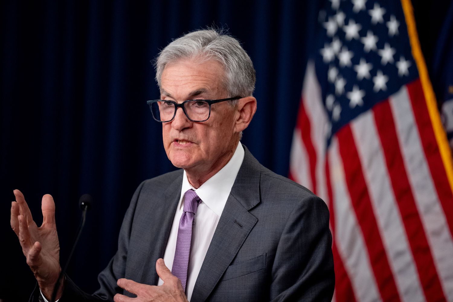 Federal Reserve Chairman Jerome Powell at a news conference following a July 2024 Federal Open Market Committee meeting in Washington, D.C.