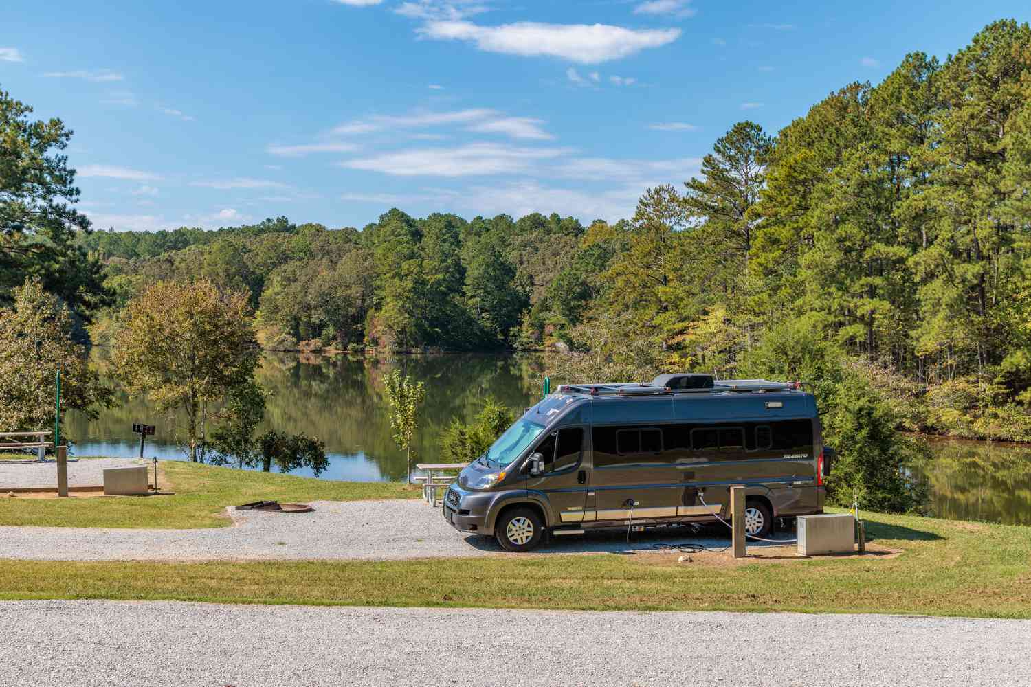 Winnebago campervan on a Dodge RAM chassis at the Pin Oak Campground in Natchez Trace State Park near Wildersville, Tennessee