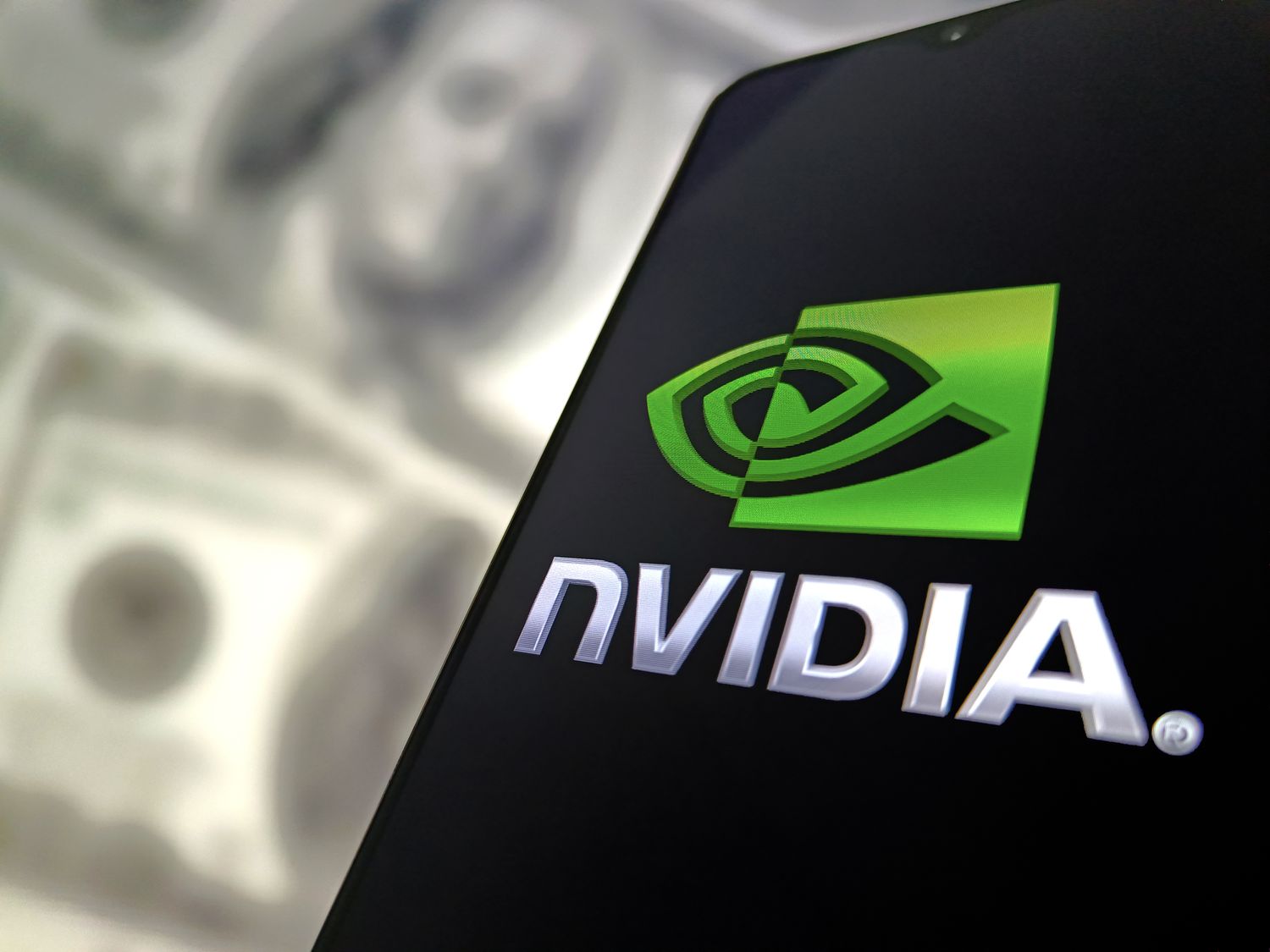 The logo of Nvidia is seen on a smartphone screen