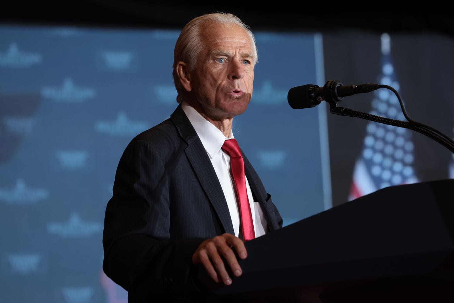 Former White House National Trade Council Director Peter Navarro speaks at the 11th Hour Family Leaders Meeting with Republican presidential nominee, former U.S. President Donald Trump, at the Concord Convention Center in Concord, North Carolina on October 21, 2024.