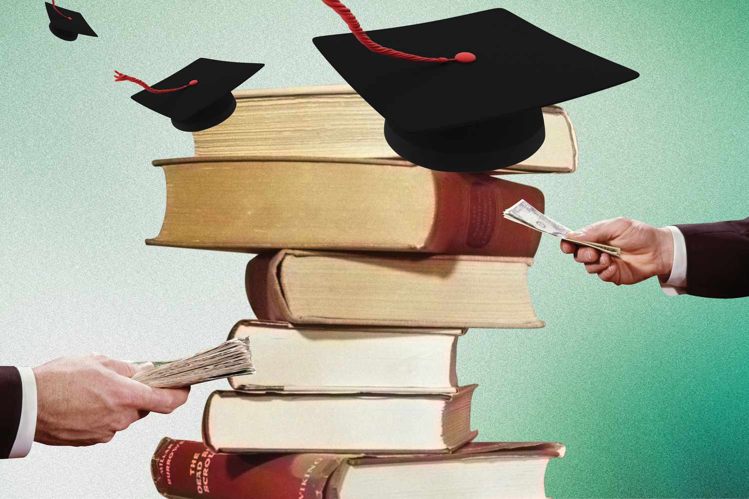 This photo illustration shows books stacked on top of each other with graduation caps and hands holding money.