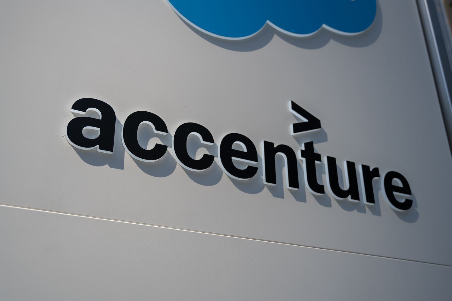 Close-up of Accenture logo on building exterior, San Francisco, California