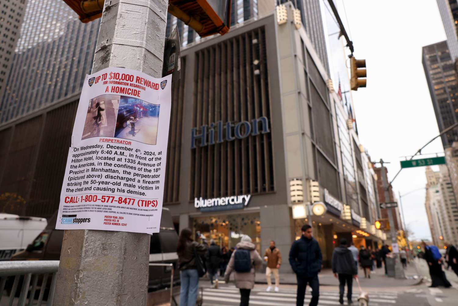 A NYPD flier outside the Manhattan hotel where executive Brian Thompson was shot dead last week. 