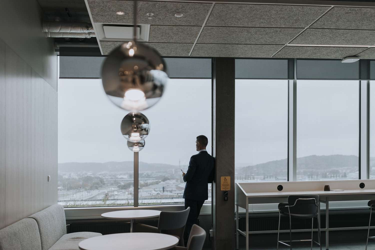 A man in an office building