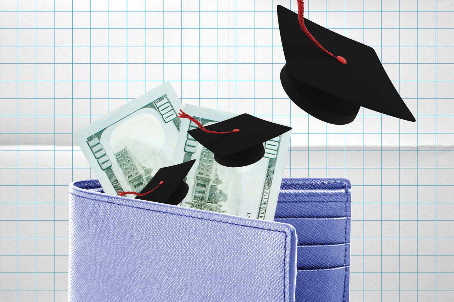 In this photo composite, money and graduation caps are coming out of a wallet.