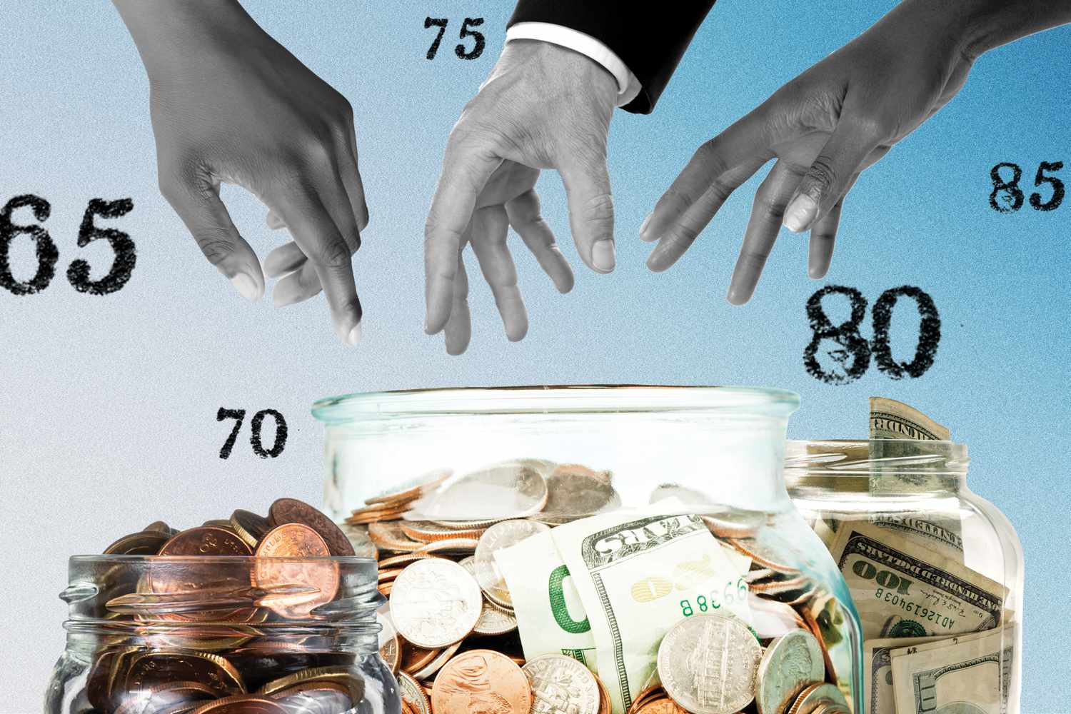 illustration retirement showing hands reaching into jars full of money with retirement ages