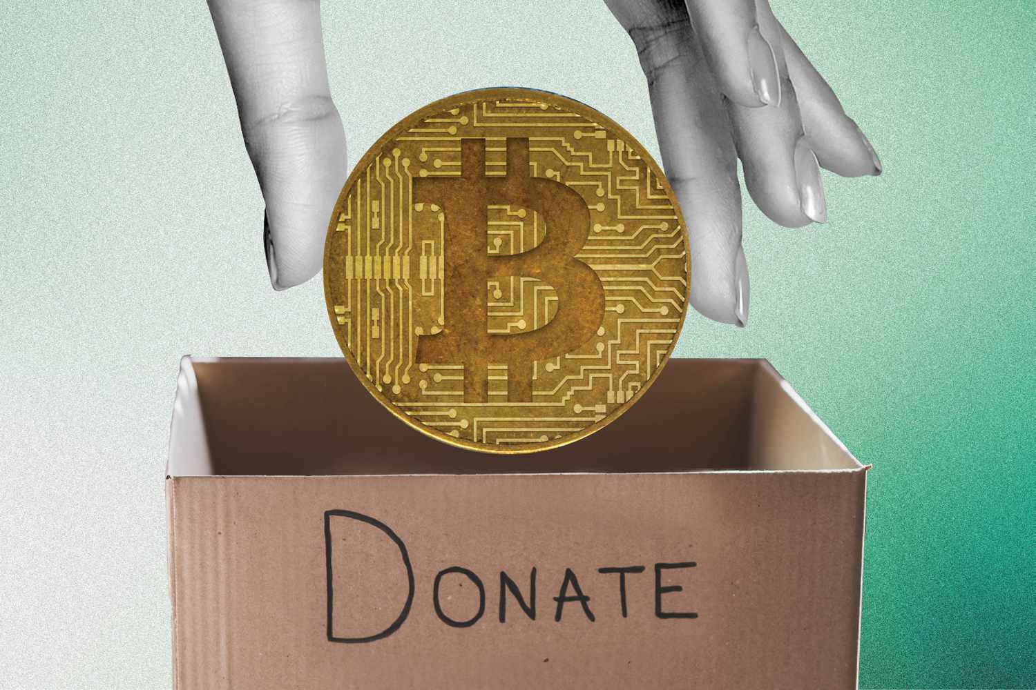 illustration of a bitcoin coin being placed in a donation box