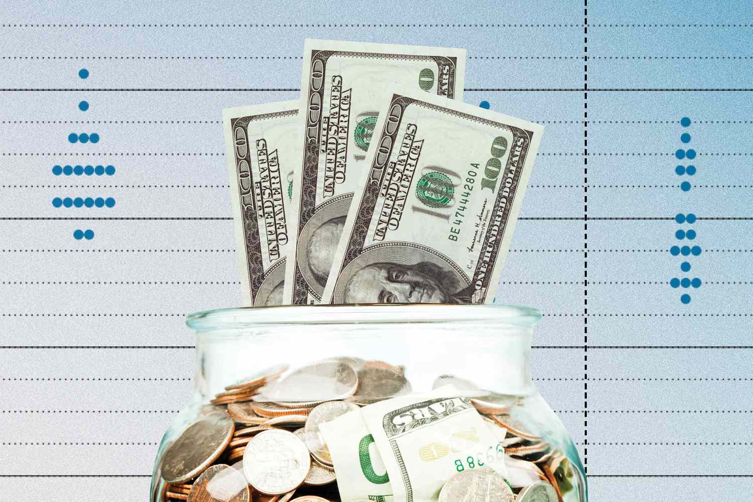 A composite shows a jar of money in front of the Federal Reserve's dot plot.