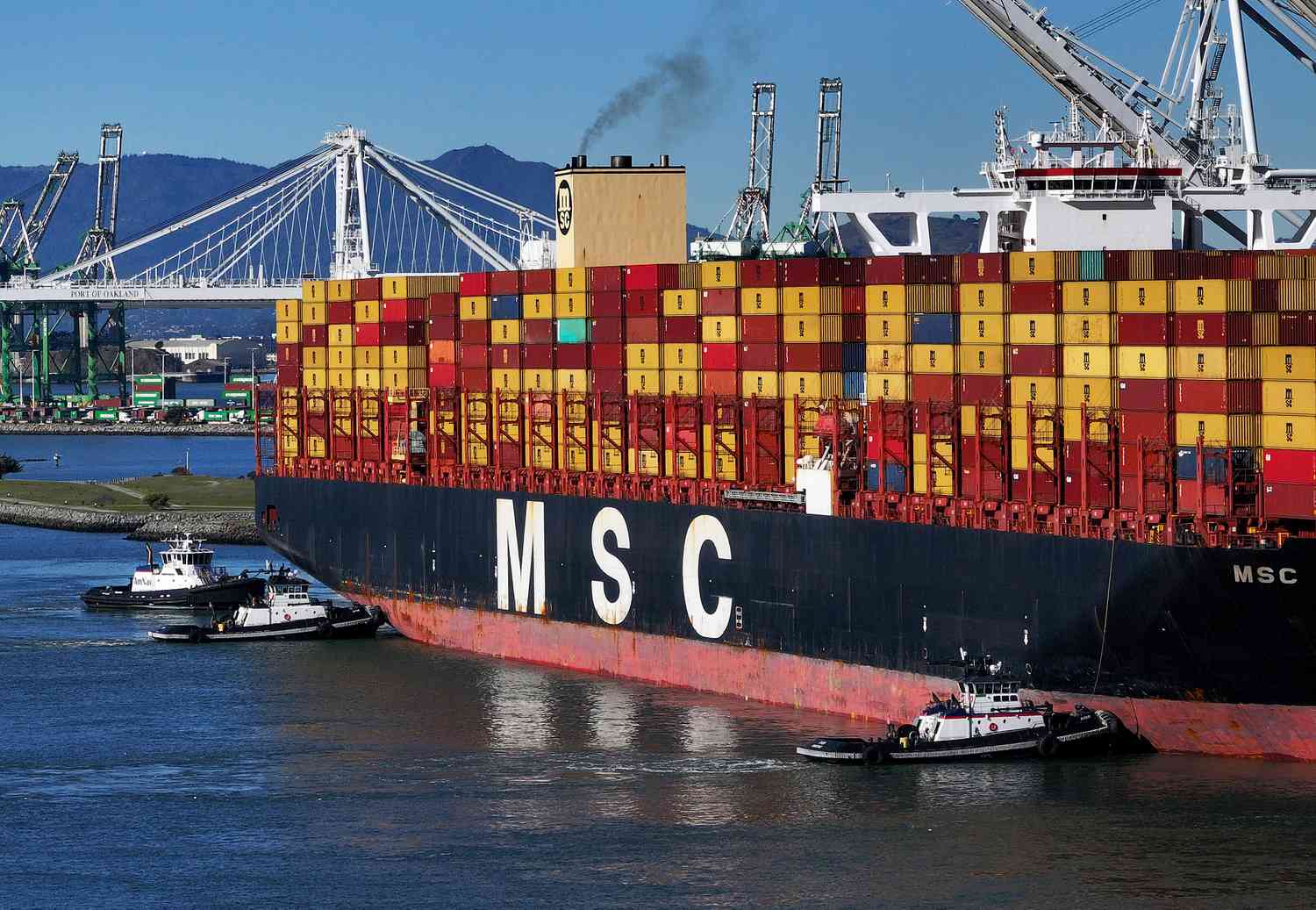  In an aerial view, a container ship sits docked at the Port of Oakland on December 09, 2024 in Oakland, California. 