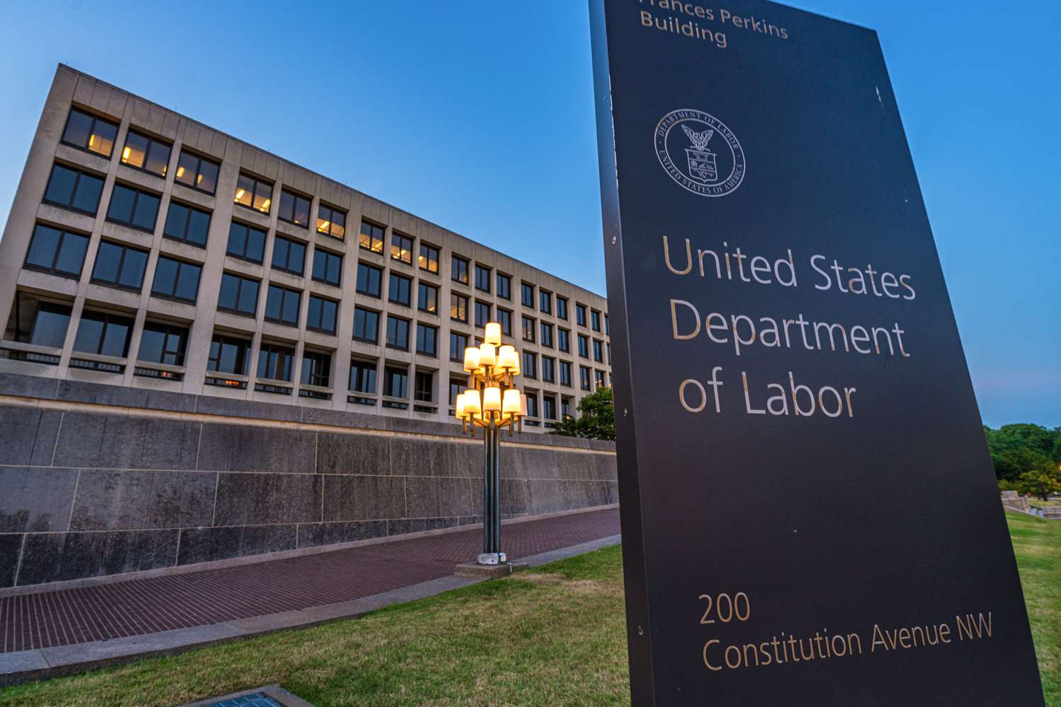 The US Department of Labor headquarters building is seen at dusk on June 21, 2024 in Washington, DC.