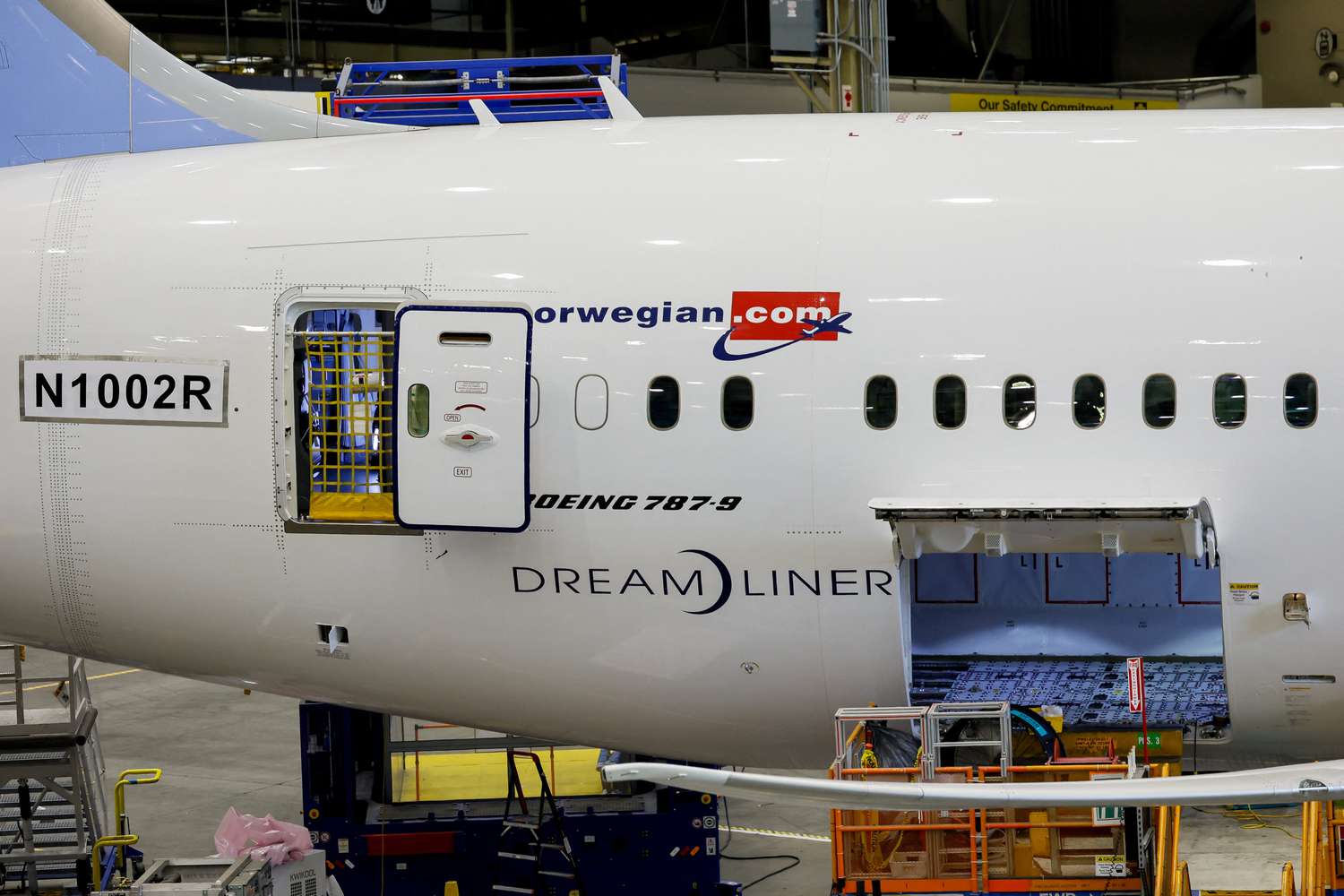 A Boeing 787-9 Dreamliner is seen in a production facility.