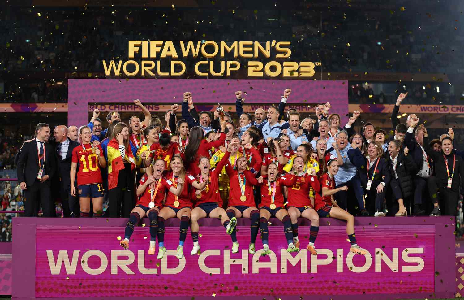 Spain players celebrate with the trophy at the awards ceremony after winning the FIFA Women's World Cup Australia & New Zealand 2023 Final match between Spain and England at Stadium Australia on August 20, 2023 in Sydney