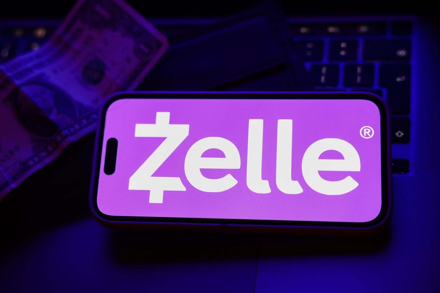 An illustration of the Zelle logo displayed on a digital device. 