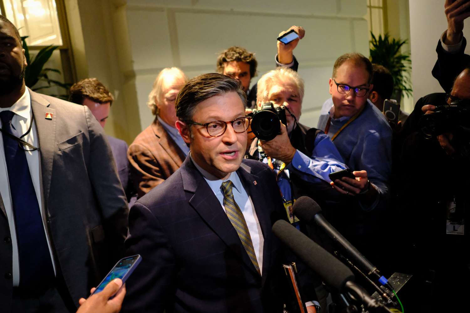 Mike Johnson, Speaker of the United States House of Representatives, addresses members of the press at the Capitol, in Washington, DC on December 20, 2024. 