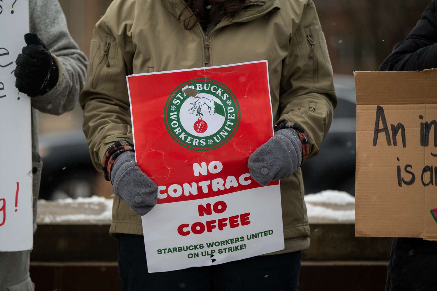 On the picket line at a Starbucks store in Chicago on Friday. 