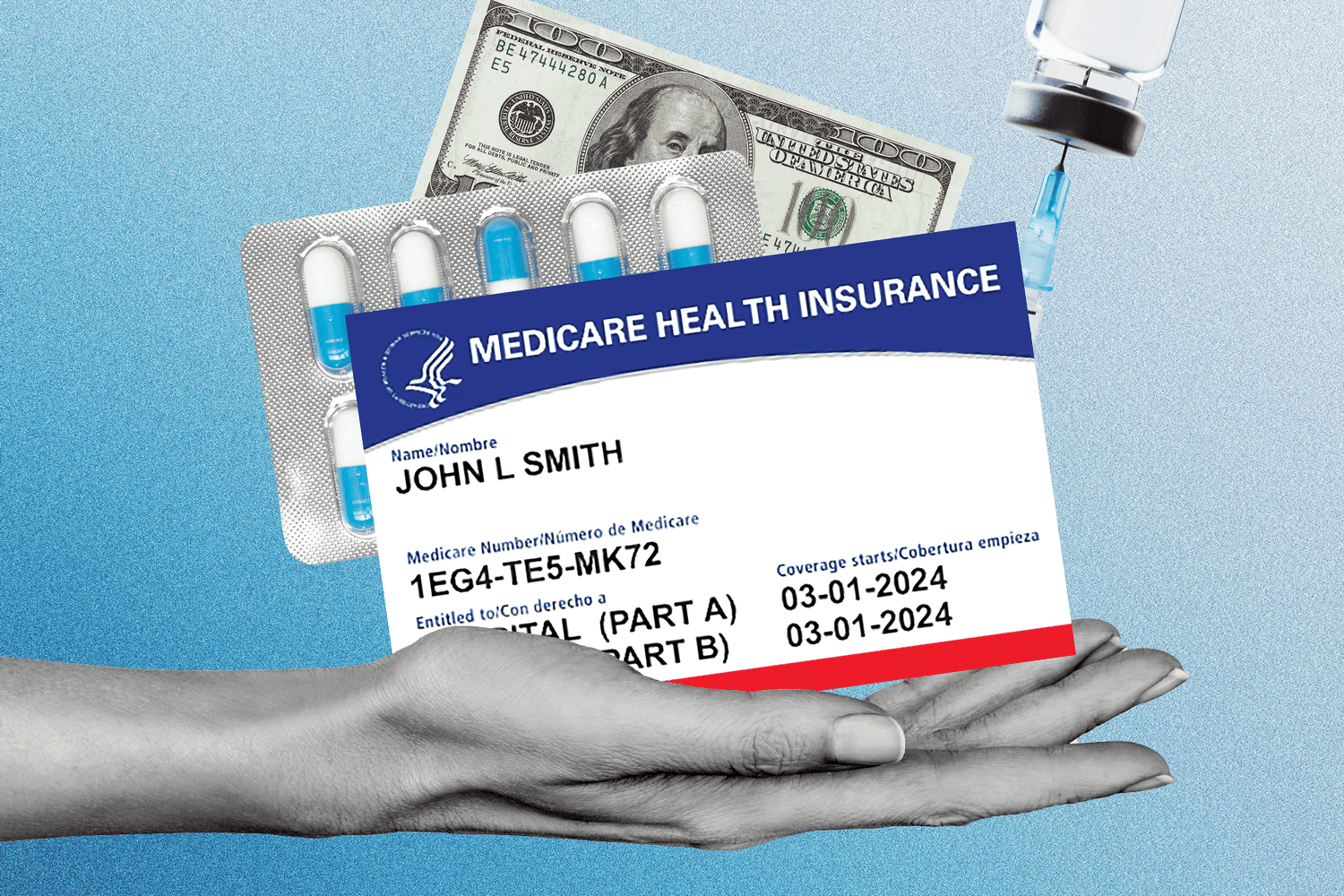 In this illustration, a hand holds a Medicare card, pills and money. 