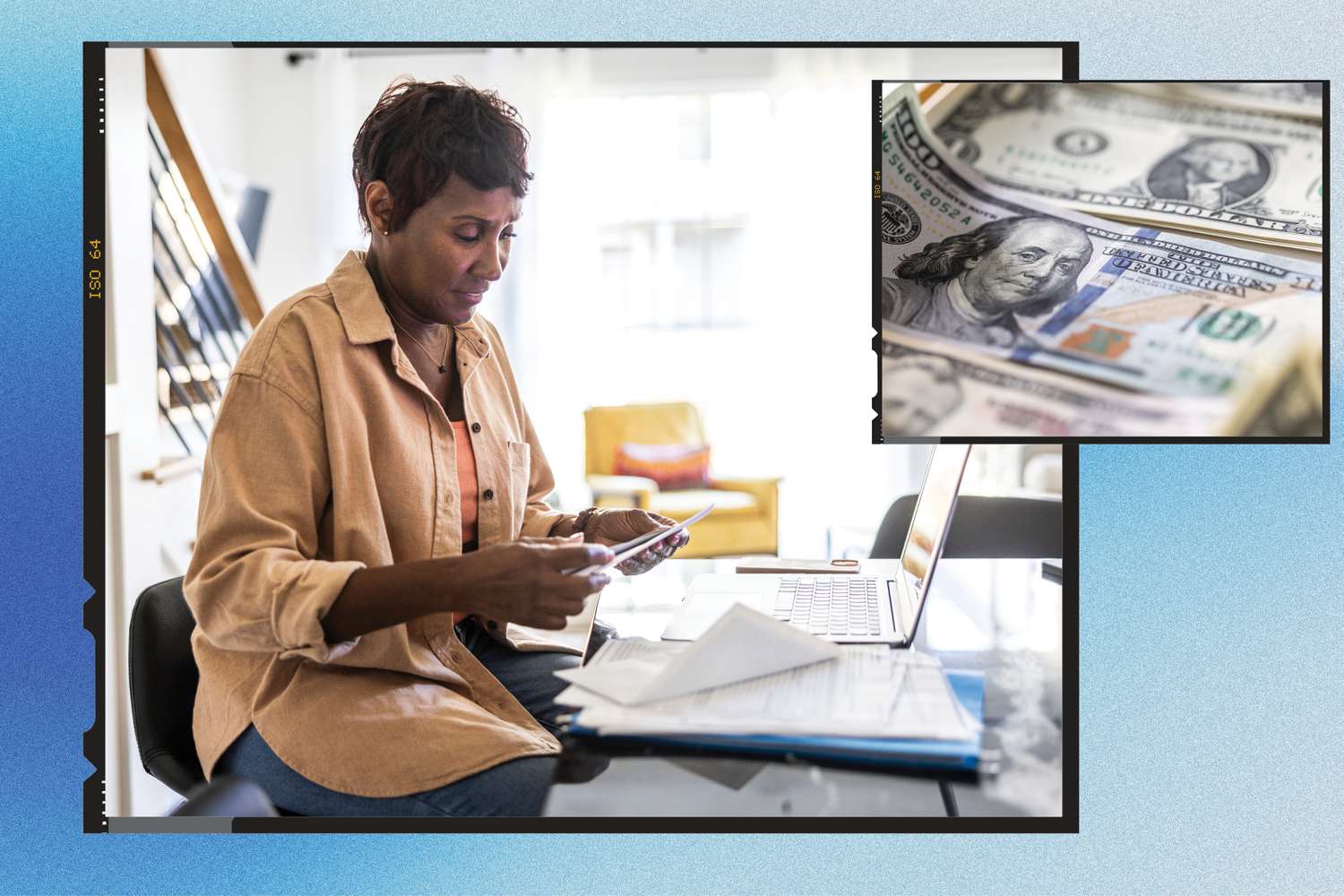 illustration depicting woman looking at financial bills, dollars, and savings