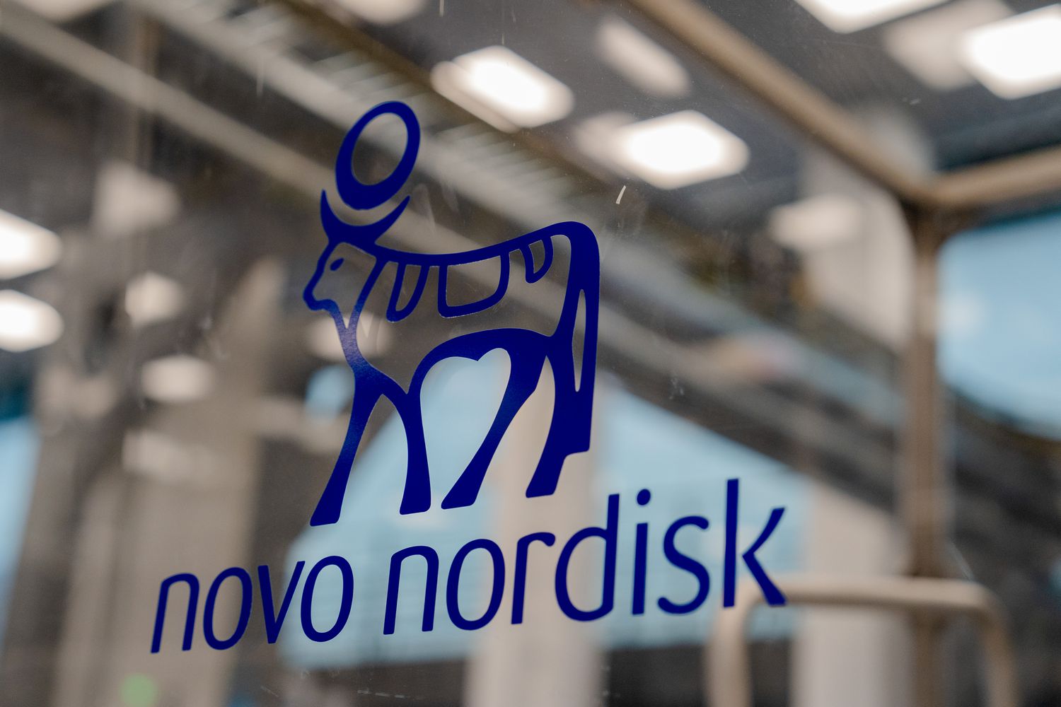 The Novo Nordisk A/S logo on a wall at its pharmaceutical manufacturing facility in Hillerod, Denmark