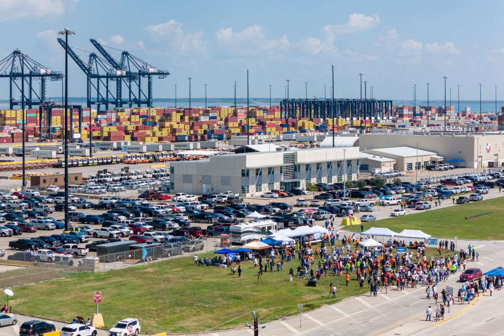 In an aerial view, the Port of Houston Authority is seen during a strike on October 01, 2024 in Houston, Texas. Members of the International Longshoreman's Association have begun a nationwide strike, consisting of more than 50,000 workers at ports along the East Coast and Texas.