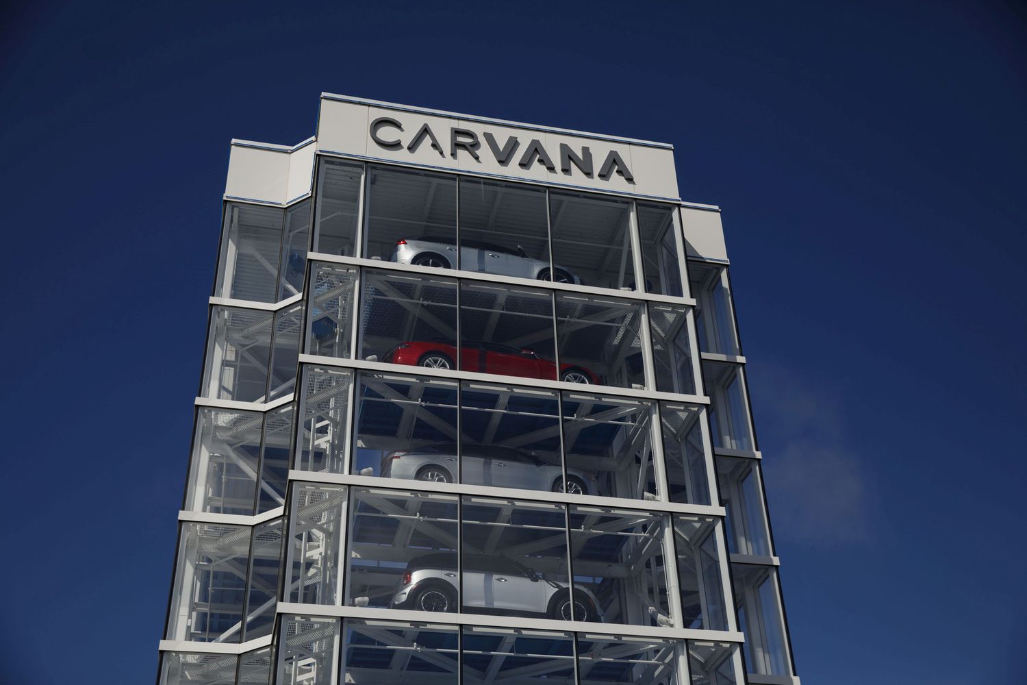 Vehicles inside a Carvana car vending machine in Westminster, California