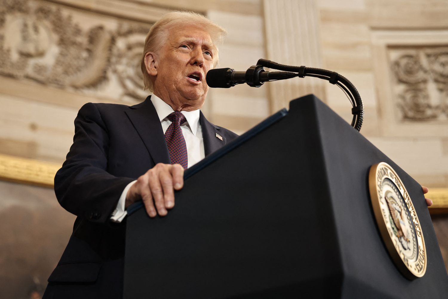 US President Donald Trump delivers his inaugural address after being sworn in as the the 47th president of the United States in the Rotunda of the U.S. Capitol on January 20, 2025 in Washington, DC.