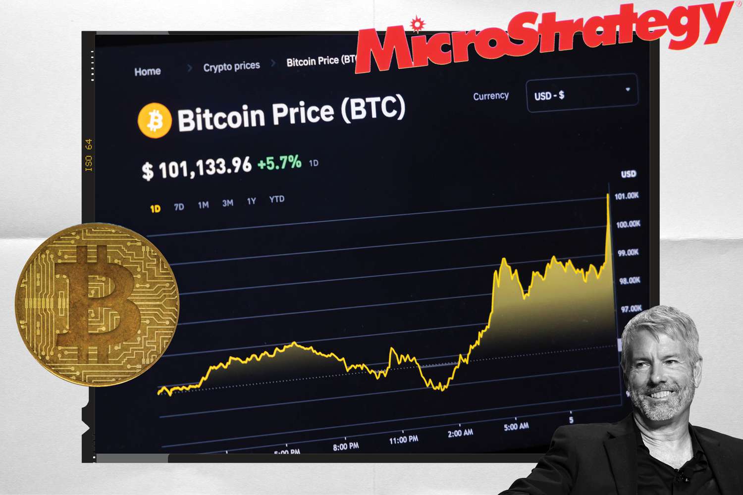 graphic showing bitcoin above $100K, Microstrategy and its chairman Michael Saylor