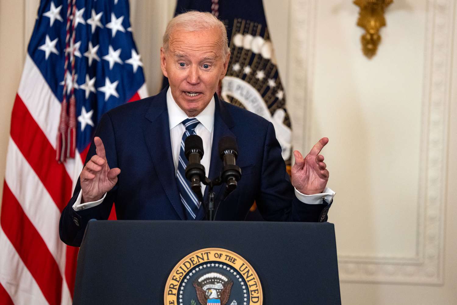 President Joe Biden speaks during an event before signing the Social Security Fairness Act in the East Room of the White House on January 5, 2025