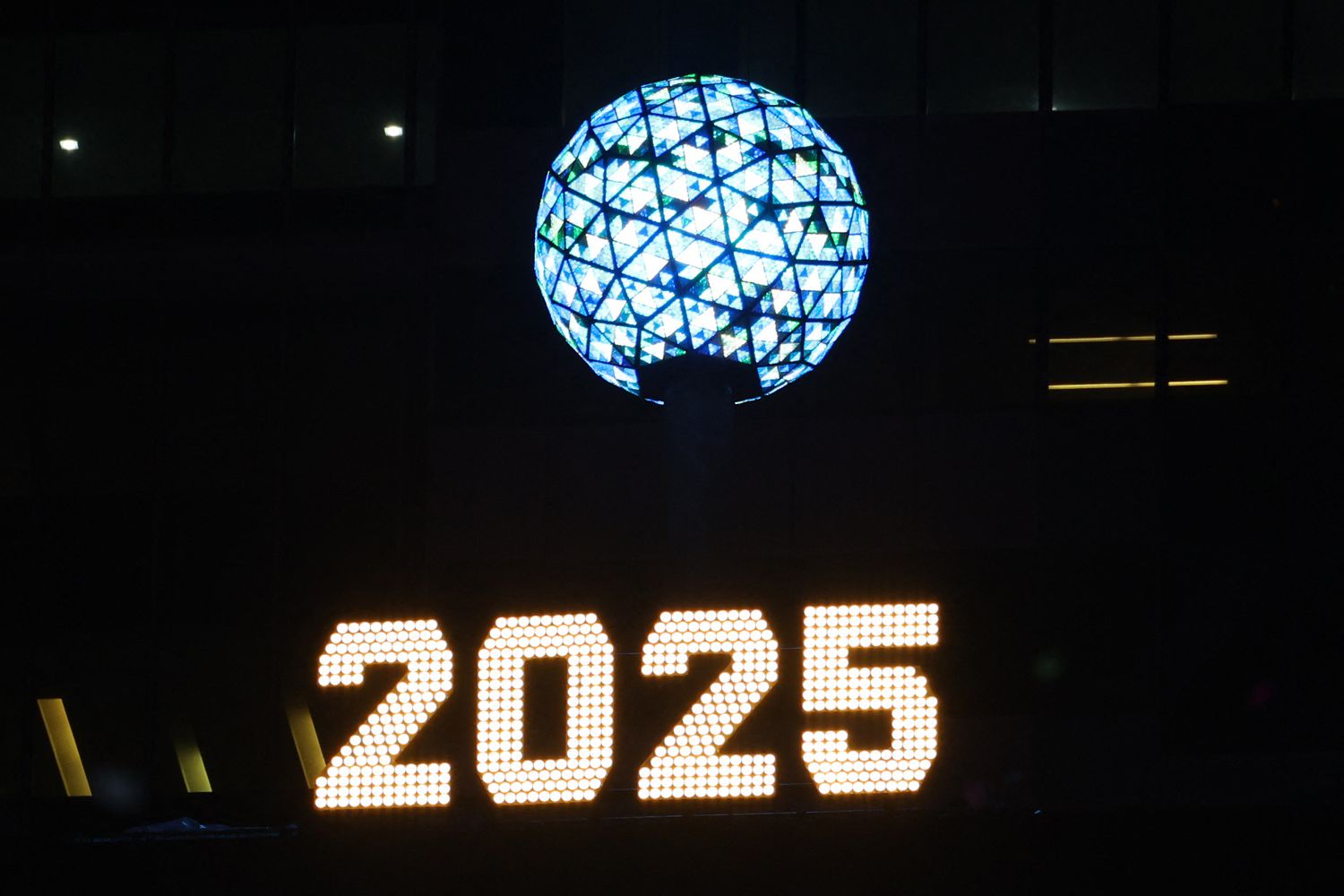 The ball is seen over Times Square during the 2025 New Year's Eve celebrations on January 1, 2025 in New York City.