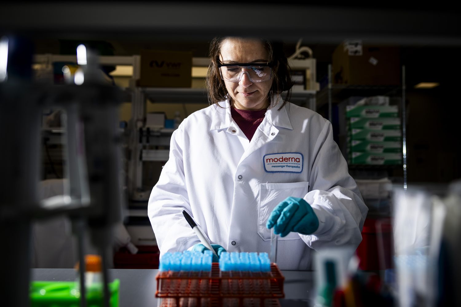 A scientist works in the lab at the Moderna Inc. headquarters in Cambridge, Massachusetts, US, on Tuesday, March 26, 2024.