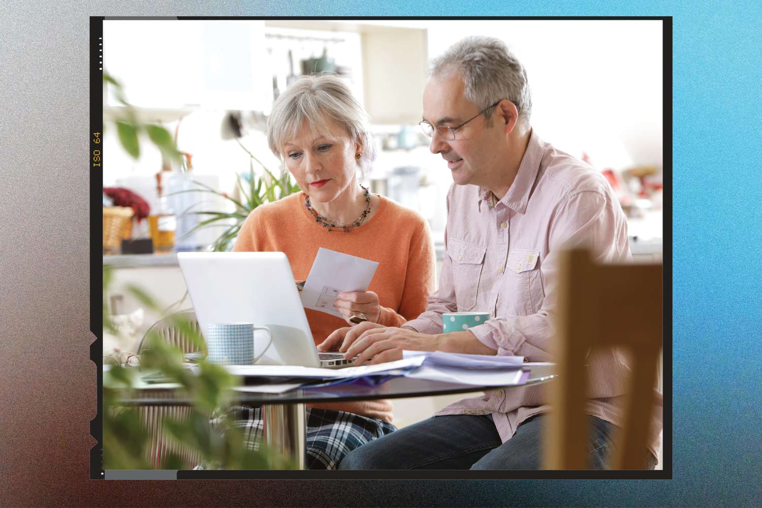 illustration showing a couple looking at paperwork and a computer, retirement, pension