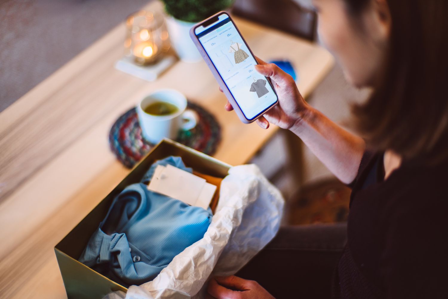 oung woman doing online shopping for clothes on smartphone at home.