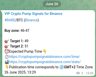 Trading signal proof: RARE pump from Binance, 26 June 2025, 13:58 Binance pump signal proof for RARE on 26 June 2025, 13:58
