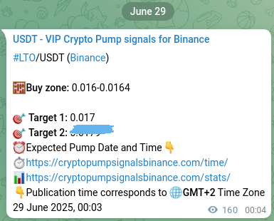 Binance trading signal proof for LTO pump, 29 June 2025, 04:31
