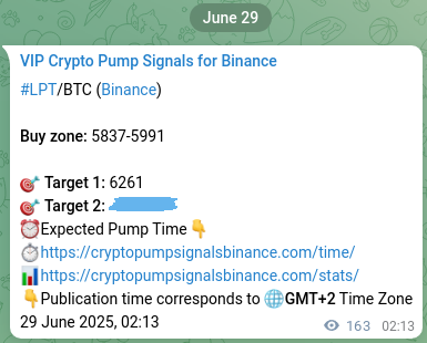 Binance pump signal data for LPT at 29 June 2025, 06:46