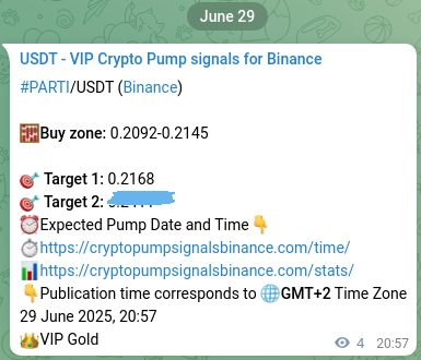 Crypto signal proof: PARTI pump on Binance, 29 June 2025, 21:04