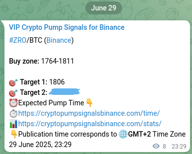 Crypto pump signal proof: ZRO on Binance, 29 June 2025, 23:42