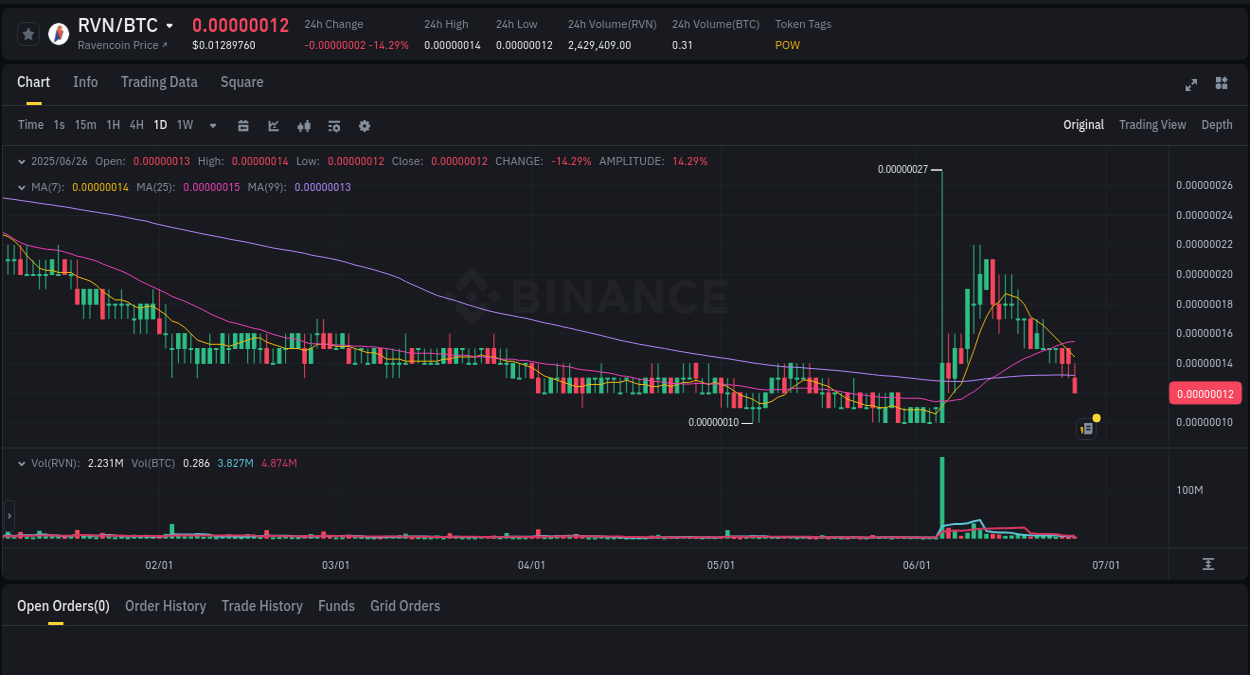 Crypto pump analytics for RVN on Binance, 26 June 2025, 17:01 Crypto market update: RVN pump on Binance, 26 June 2025, 17:01