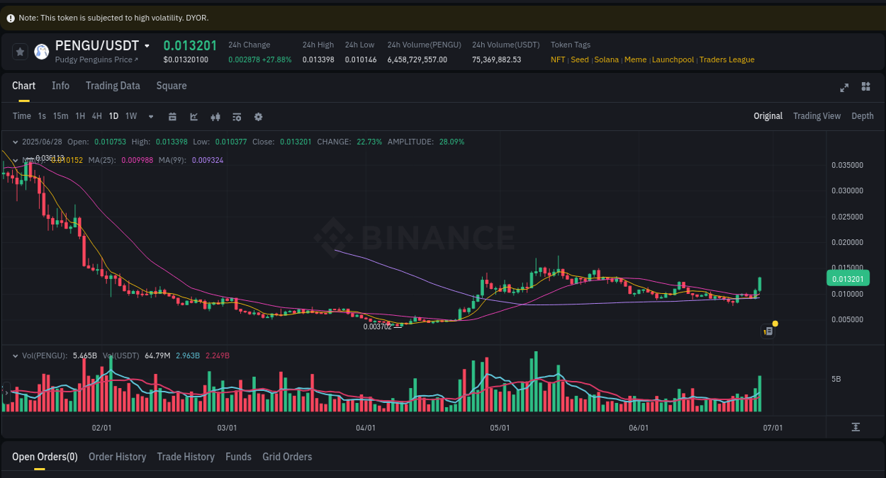 Explore market dynamics for PENGU on Binance at 28 June 2025, 20:06 Market dynamics report: PENGU on Binance at 28 June 2025, 20:06
