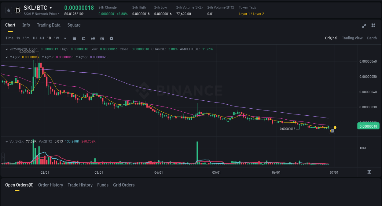Crypto market update: SKL pump on Binance, 29 June 2025, 01:14