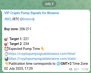 Crypto pump signal analytics for BEL on Binance, 03 July 2025, 02:01 Binance trading signal proof for BEL pump, 03 July 2025, 02:01