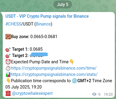 Crypto pump signal analytics for CHESS on Binance, 05 July 2025, 19:35 Crypto pump signal analytics for CHESS on Binance, 05 July 2025, 19:35