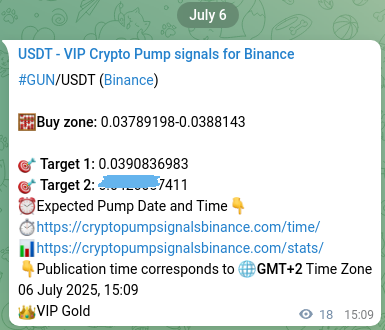 Verify the crypto pump signal confirmation for GUN on Binance, 06 July 2025, 15:38 Crypto pump signal confirmation: GUN on Binance, 06 July 2025, 15:38