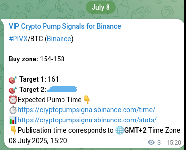 Crypto pump signal analytics for PIVX on Binance, 08 July 2025, 15:24 Binance exchange signal proof for PIVX, 08 July 2025, 15:24