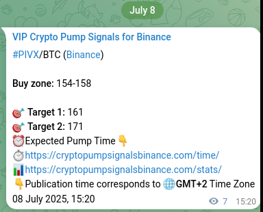 Crypto pump signal proof: Verify PIVX on Binance, 08 July 2025, 15:33 Authenticated proof of PIVX's pump signal on Binance at 08 July 2025, 15:33